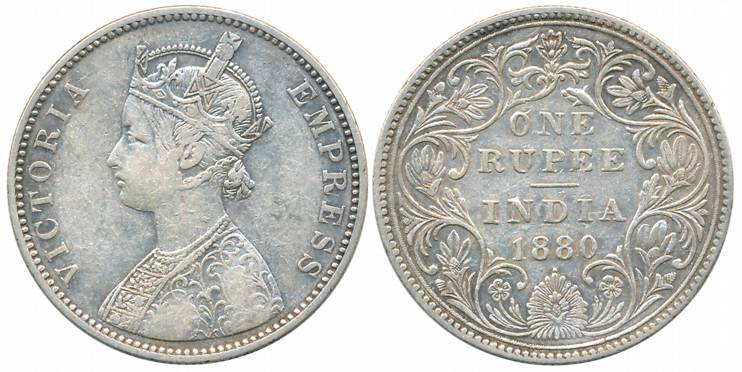 Victoria Empress, Silver Rupee, 1880, Bombay Mint, A3/II/dot (Prid# 155). About very fine,
