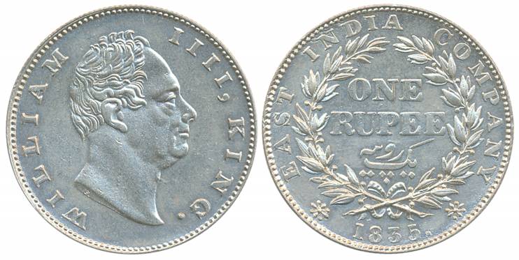 William IIII, Silver Rupee, 1835, Calcutta Mint, F incused, A/II (a), dot after F, Bud lea