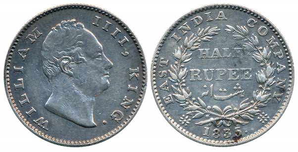 William IIII, Silver 1/2 Rupee, 1835, Bombay Mint, Without initial, 20 Berries, L10/ R 10 