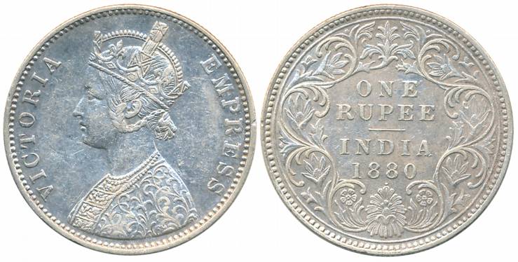 Victoria Empress, Silver Rupee, 1880, Bombay Mint, A3/I/dot (Prid# 156). Very fine+.