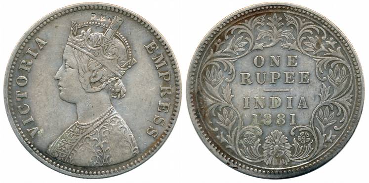 Victoria Empress, Silver Rupee, 1881, Calcutta Mint, A1/I/C incused (Prid# 119). About ver