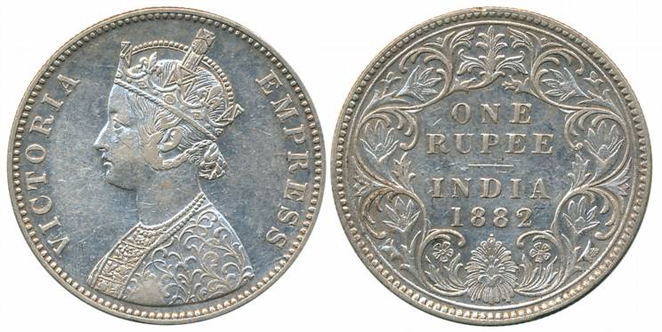 Victoria Empress, Silver Rupee, 1882, Bombay Mint, A3/I/dot (Prid# 160). Very fine.