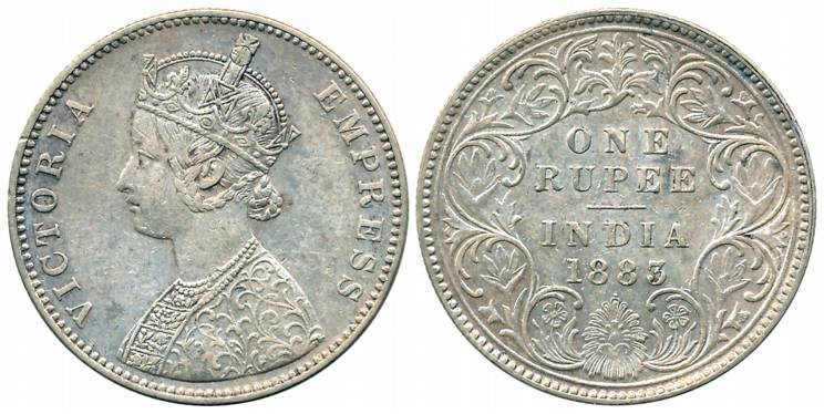 Victoria Empress, Silver Rupee, 1883, Bombay Mint, A3/I/dot (Prid# 162). Very fine+.