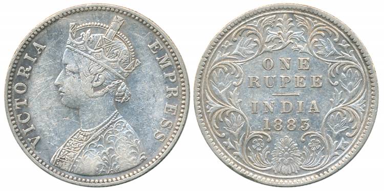 Victoria Empress, Silver Rupee, 1883, Bombay Mint, A3/I/B raised (Prid# 164). About Very f