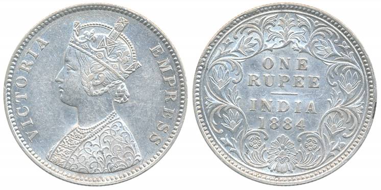 Victoria Empress, Silver Rupee, 1884, Calcutta Mint, A1/I/C incused (Prid# 123). About ext