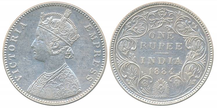 Victoria Empress, Silver Rupee, 1884, Bombay Mint, A3/II/B Bottom flower (Prid# 166). Very