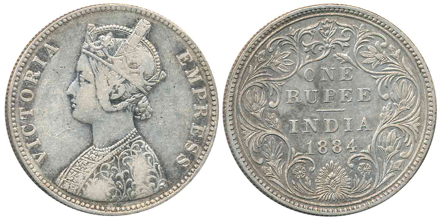 Victoria Empress, Silver Rupee, Mule, 1884, Bombay Mint, A1/II/B raised, bottom flower (Un