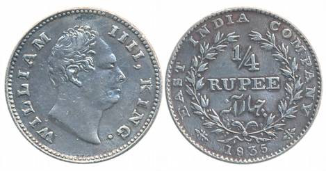 William IIII, Silver 1/4 Rupee, 1835, Calcutta Mint, R S incused, 20 Berries, L 10/ R 10, 