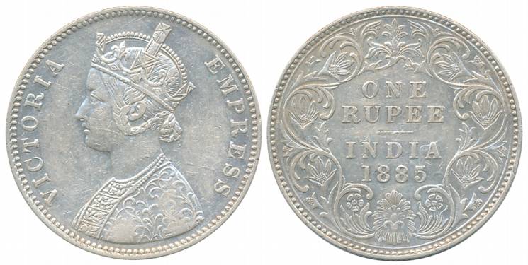 Victoria Empress, Silver Rupee, 1885, Bombay Mint, A3/I/B raised (Prid# 169). Very fine.