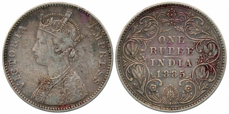 Victoria Empress, Silver Rupee, 1885, Bombay Mint, A3/IV/B raised (Unlisted in Pridmore). 