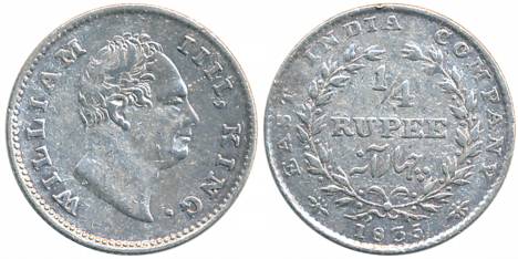 William IIII, Silver 1/4 Rupee, 1835, Calcutta Mint, F incused, 20 Berries, L 10/ R 10, Sm