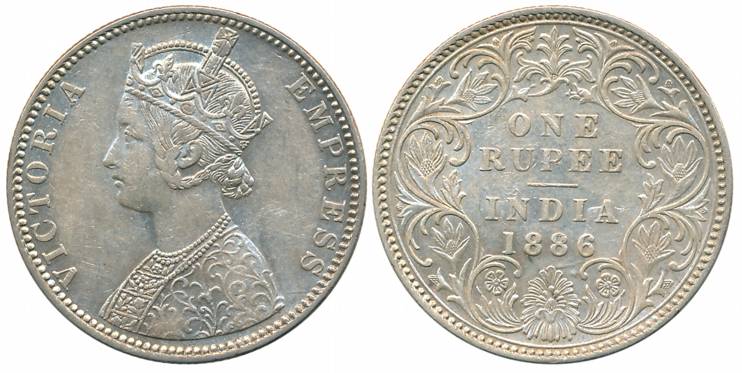 Victoria Empress, Silver Rupee, 1886, Bombay Mint, C2/I/B incuse (Prid# 171). Very fine+.