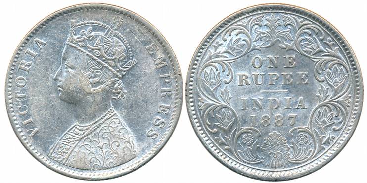 Victoria Empress, Silver Rupee, 1887, Calcutta Mint, A4/I/C incused (Prid# 127). Very fine