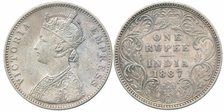 Victoria Empress, Silver Rupee, 1887, Bombay Mint, A3/I/B incused, inverted B (Prid# 172A)
