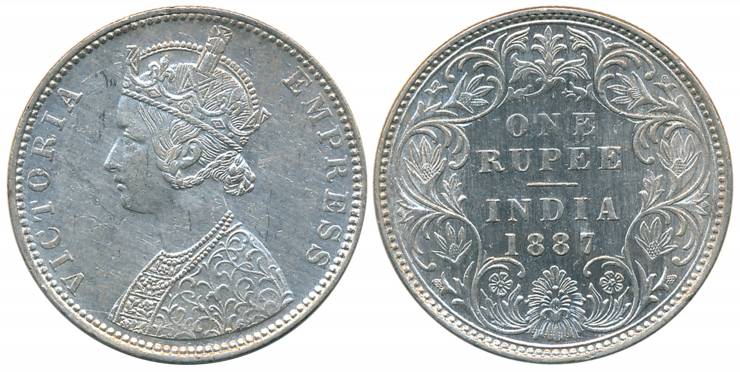 Victoria Empress, Silver Rupee, 1887, Bombay Mint, C2/I/B incuse, Normal 'B', '7' over 6 (