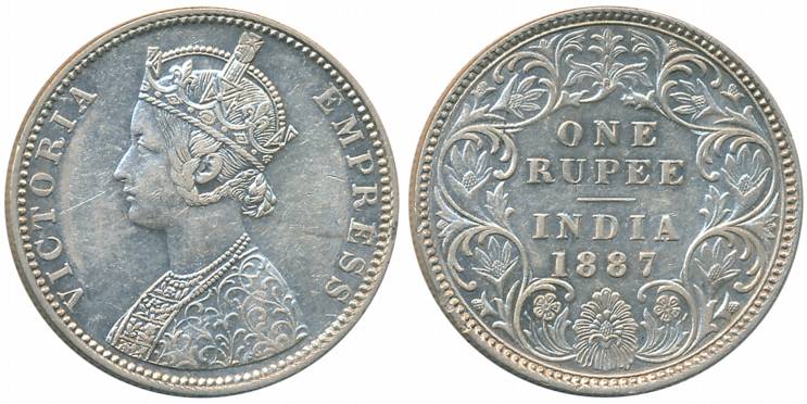 Victoria Empress, Silver Rupee, 1887, Bombay Mint, C2/I/B raised (Prid# 174). Very fine+.