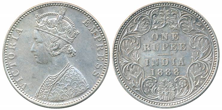 Victoria Empress, Silver Rupee, 1888, Bombay Mint, C2/I/B raised (Prid# 174). Very fine.