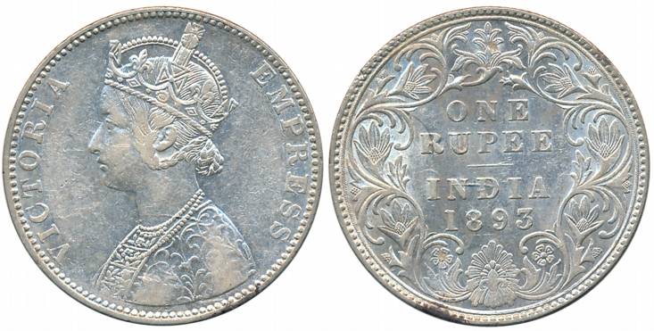 Victoria Empress, Silver Rupee, 1893, Bombay Mint, C2/I/B incuse, Normal '3' (Prid# 182, V