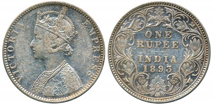 Victoria Empress, Silver Rupee, 1893, Bombay Mint, C2/I/B incuse, Extended oblique line to