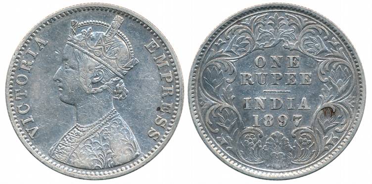 Victoria Empress, Silver Rupee, 1897, Calcutta Mint, C3/I/C incused (Prid# 136). Very fine