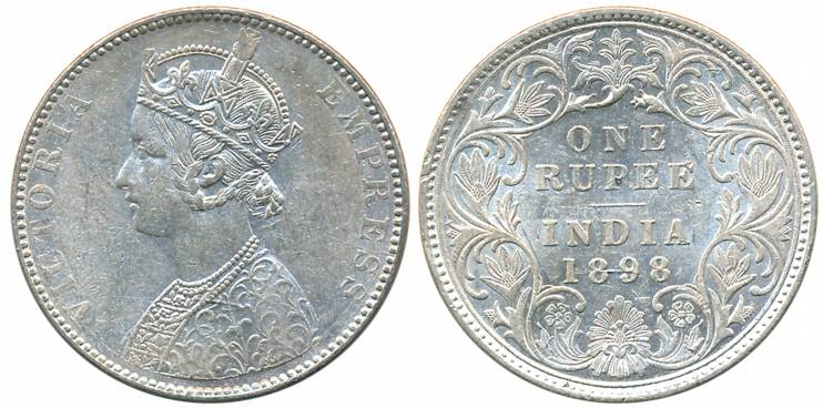 Victoria Empress, Silver Rupee, 1898, Bombay Mint, C2/I/B incuse (Prid# 184). About extrem