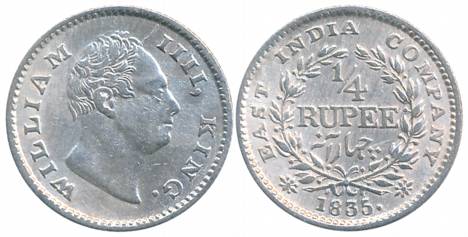 William IIII, Silver 1/4 Rupee, 1835, Calcutta Mint, F raised, 18 Berries, L 10/ R 8, Larg