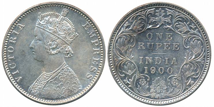 Victoria Empress, Silver Rupee, 1900, Bombay Mint, A3/I/B incuse (Prid# 186). About uncirc