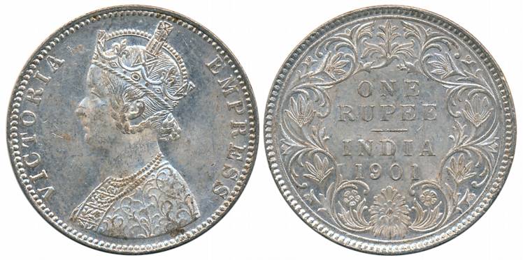 Victoria Empress, Silver Rupee, 1901, Bombay Mint, C2/I/B incuse (Prid# 188). About uncirc