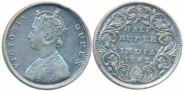 Victoria Queen, Silver 1/2 Rupee, 1862, Calcutta Mint, Obv: Designed by L. C. Wyon, Rev: I