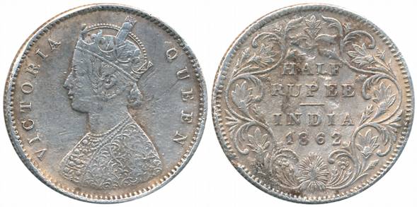 Victoria Queen, Silver 1/2 Rupee, Mule, 1862, Calcutta Mint, A/II (Prid# 254). Very fine, 