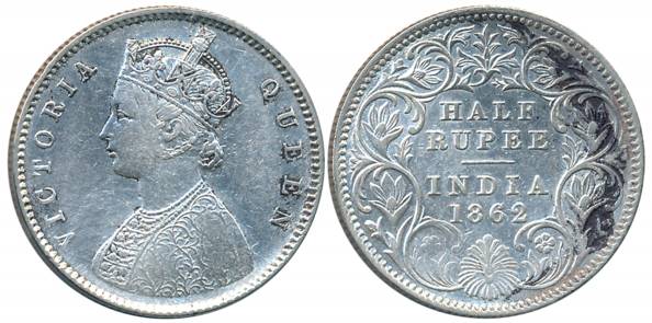Victoria Queen, Silver 1/2 Rupee, 1862, Calcutta Mint, Bust A/ Rev I (Prid# 255). About ve