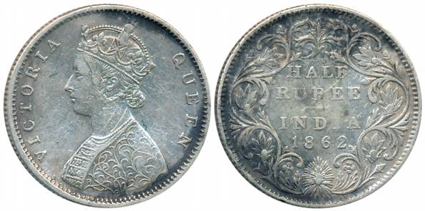 Victoria Queen, Silver 1/2 Rupee, 1862, Bombay Mint, B1/II, Obv: J Lutz's new design, Rev: