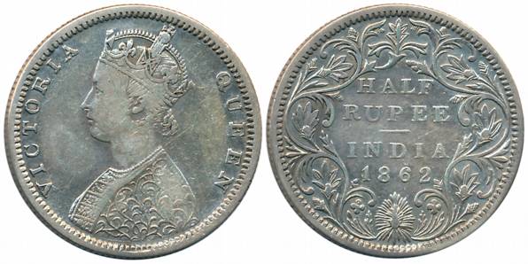 Victoria Queen, Silver 1/2 Rupee, 1862, Bombay Mint, B1/II, Obv: J Lutz's new design, Rev: