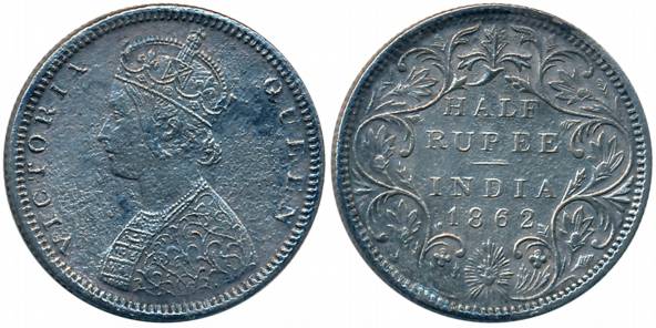 Victoria Queen, Silver 1/2 Rupee, 1862, Bombay Mint, B2/II (Prid# 259). Fine+, scarce.