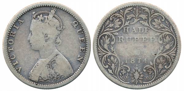 Victoria Queen, Silver 1/2 Rupee, 1874, Bombay Mint, B1/II/dot (Prid# 284). Fine+, scarce.