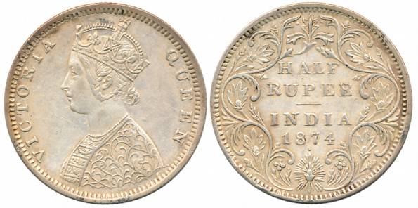 Victoria Queen, Silver 1/2 Rupee, 1874, Bombay Mint, B2/I (Prid# 285). Extremely fine, sca