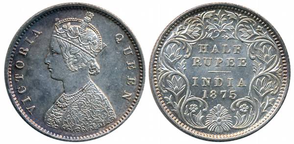 Victoria Queen, Silver 1/2 Rupee, 1875, Calcutta Mint, A/I (Prid# 260). Extremely fine+, s
