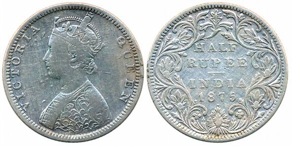 Victoria Queen, Silver 1/2 Rupee, 1875, Bombay Mint, B2/II/dot (Prid# 286). About very fin