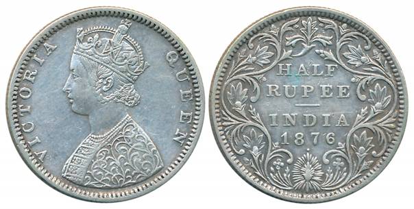 Victoria Queen, Silver 1/2 Rupee, 1876, Bombay Mint, B2/II/dot (Prid# 287). Very fine+, sc