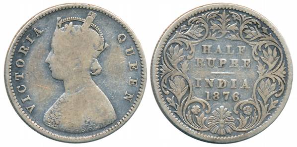 Victoria Queen, Silver 1/2 Rupee, 1876, Calcutta Mint, A/I (Unlisted in Pridmore). Very fi