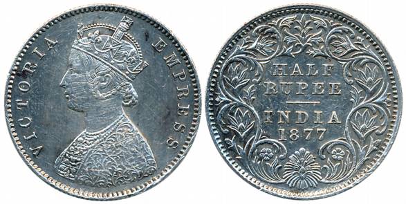 Victoria Empress, Silver 1/2 Rupee, 1877, Calcutta Mint, A/I (Prid# 261). About extremely 