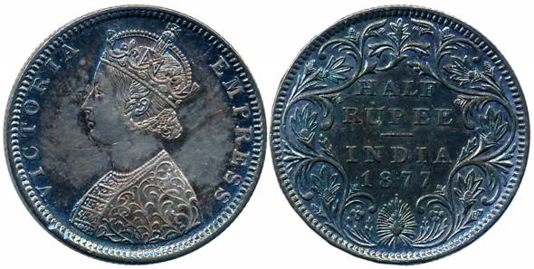 Victoria Empress, Silver 1/2 Rupee, 1877, Bombay Mint, B2/II/dot (Prid# 288). Extremely fi