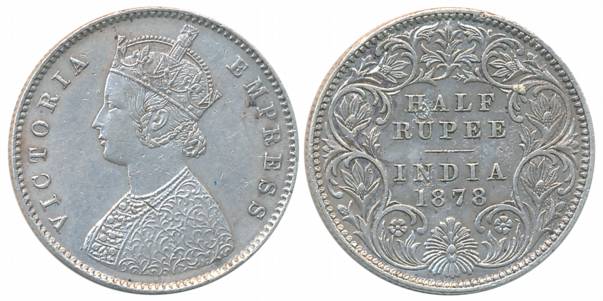 Victoria Empress, Silver 1/2 Rupee, 1878, Calcutta Mint, A/I (Prid# 262). About extremely 