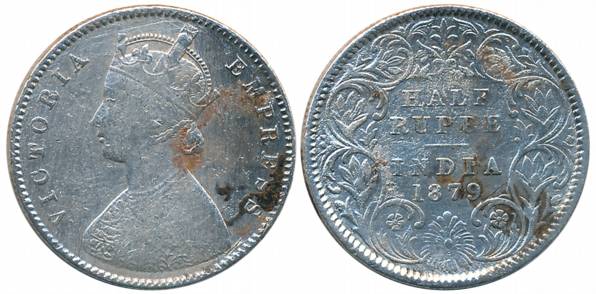 Victoria Empress, Silver 1/2 Rupee, 1879, Calcutta Mint, A/I/C incused (Prid# 263). Fine+,