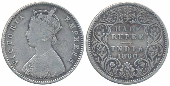 Victoria Empress, Silver 1/2 Rupee, 1880, Calcutta Mint, A/I/C incused (Prid# 264). About 