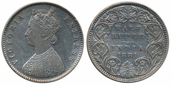Victoria Empress, Silver 1/2 Rupee, 1881, Calcutta Mint, A/I/C incused (Prid# 265). Very f