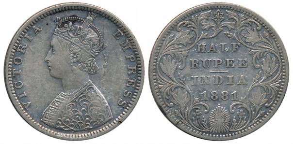 Victoria Empress, Silver 1/2 Rupee, 1881, Bombay Mint, B2/II/dot (Prid# 289). About very f