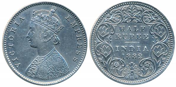 Victoria Empress, Silver 1/2 Rupee, 1882, Calcutta Mint, A/I/C incused (Prid# 266). Very f