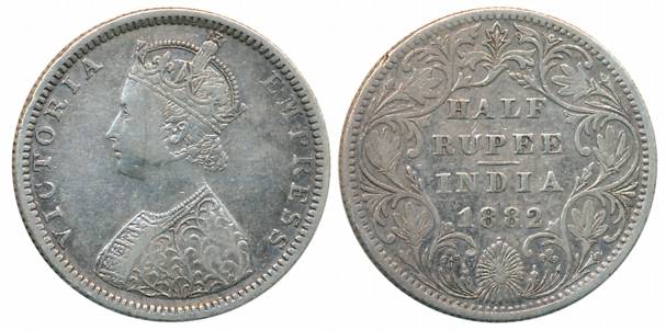 Victoria Empress, Silver 1/2 Rupee, 1882, Bombay Mint, B2/II/dot (Prid# 290). Very fine, s