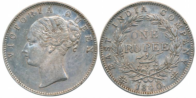 Victoria Queen, Silver Rupee, Continuous Legend, 1840, Calcutta Mint, Crescent in relief, 